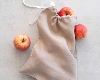 Linen Drawstring Produce Bags, Organic Food Storage, Set of 2
