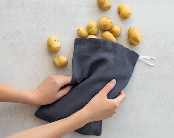 Food storage bags, Linen fruit bag, Linen drawstring bags, Zero waste bags, Organic linen produce bag, Bag for herbs,Charcoal grey linen bag