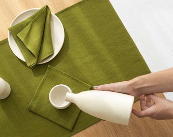 Washed Linen Table Runner, Moss Green, Handmade