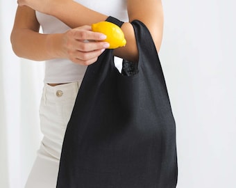 Black Linen Tote Bag, Reusable Grocery Shopping Bag