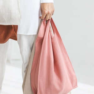 Linen shopping bag, Linen grocery bag, Natural linen tote bag, Linen shoulder bag, Linen beach bag, Washed linen picnic bag, Peach blush bag