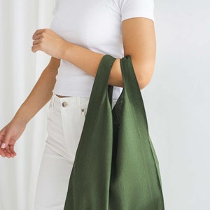 Green linen bag, Shoulder grocery bag, Marker bag, Foldable shopping bag, Linen beach bag, Picnic bag, Reusable grocery bag,Forest green bag image 1