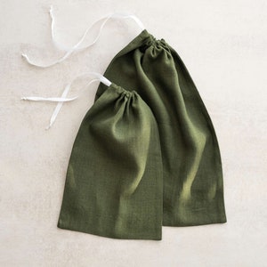 Set of 2 linen bread bags, Reusable linen storage bag, Food storage bags, Zero waste bag, Linen produce bag, Bag for herbs, Green linen bags
