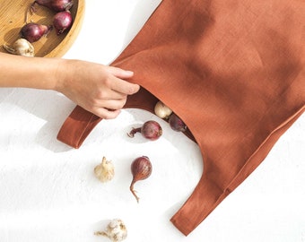 Rust Linen Market Bag, Foldable Reusable Grocery Bag