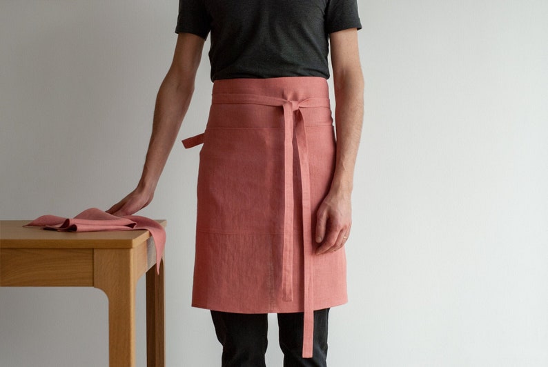 Linen half apron with pockets, Linen waist apron, Linen chef apron, Linen kitchen apron, Short linen apron, Craft apron image 1