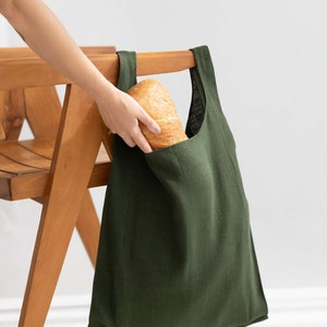 Green linen bag, Shoulder grocery bag, Marker bag, Foldable shopping bag, Linen beach bag, Picnic bag, Reusable grocery bag,Forest green bag image 4