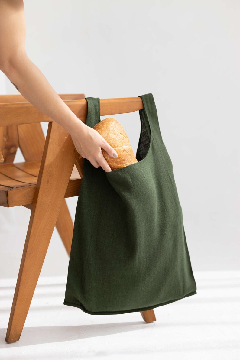 Green linen bag, Shoulder grocery bag, Marker bag, Foldable shopping bag, Linen beach bag, Picnic bag, Reusable grocery bag,Forest green bag image 4