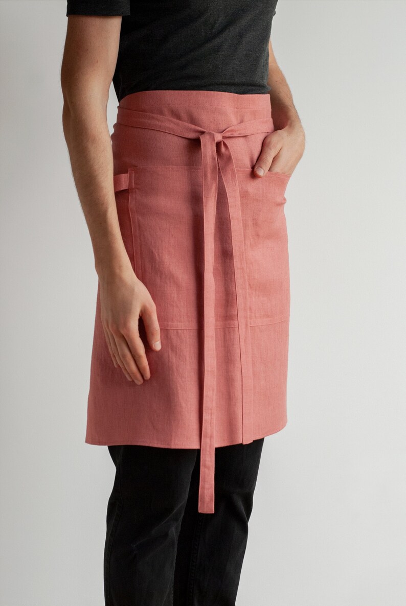 Linen half apron with pockets, Linen waist apron, Linen chef apron, Linen kitchen apron, Short linen apron, Craft apron image 2