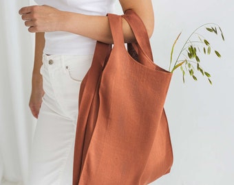 Rust Linen Shopping Bag, Foldable Reusable Grocery Bag