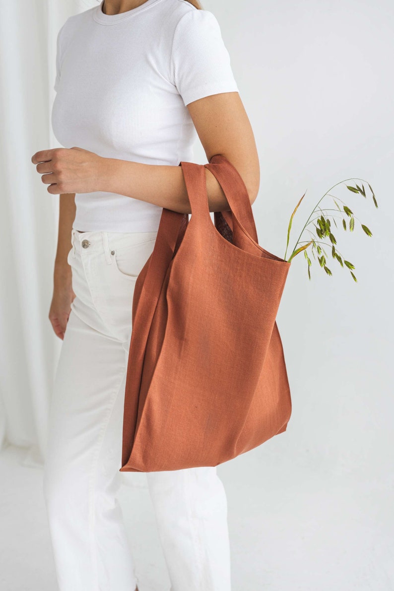 Marker bag, Foldable shopping bag, Rust linen bag, Shoulder grocery bag, Linen sport bag, Picnic bag, Reusable grocery bag, Copper bag, Rust image 1