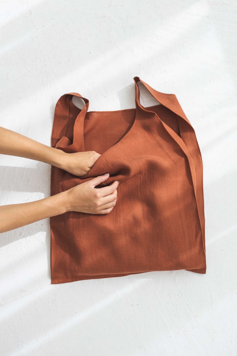 Marker bag, Foldable shopping bag, Rust linen bag, Shoulder grocery bag, Linen sport bag, Picnic bag, Reusable grocery bag, Copper bag, Rust image 5