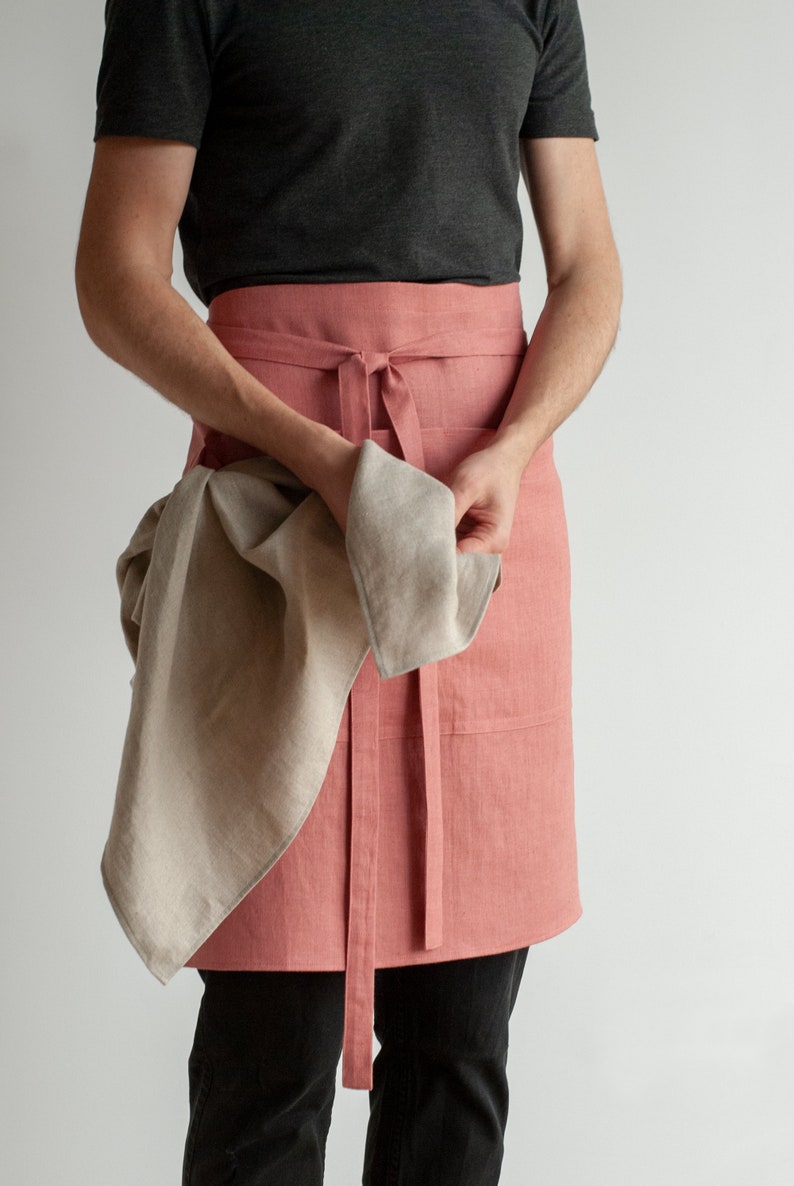 Linen half apron with pockets, Linen waist apron, Linen chef apron, Linen kitchen apron, Short linen apron, Craft apron image 7