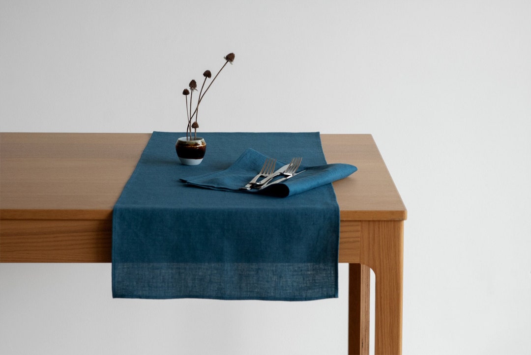 Table Runner, Blue Linen Table Runner, Washed Linen Table Runner, Short