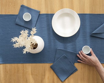 Blue Linen Table Runner: Long Length, Pre-Washed Linen