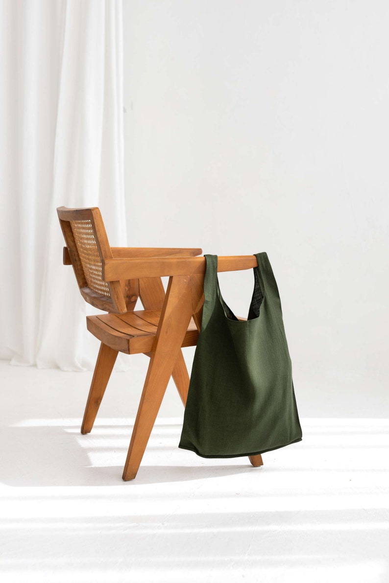 Green linen bag, Shoulder grocery bag, Marker bag, Foldable shopping bag, Linen beach bag, Picnic bag, Reusable grocery bag,Forest green bag image 3