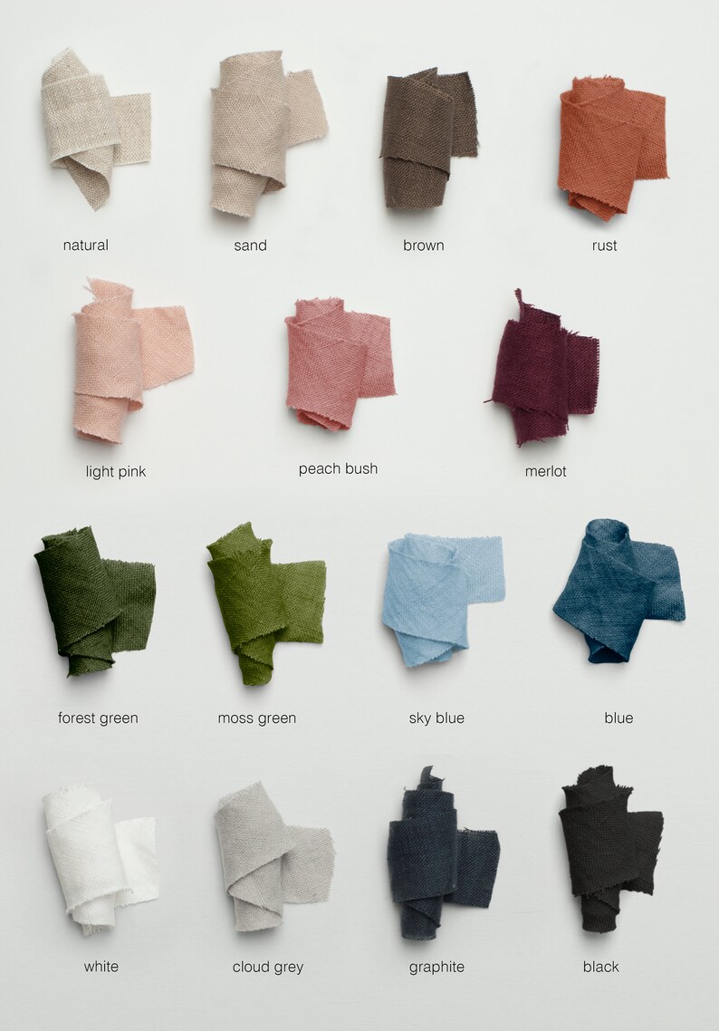 May include: A collection of 14 fabric swatches in various colors, including natural, sand, brown, rust, light pink, peach bush, merlot, forest green, moss green, sky blue, blue, white, cloud grey, graphite, and black.