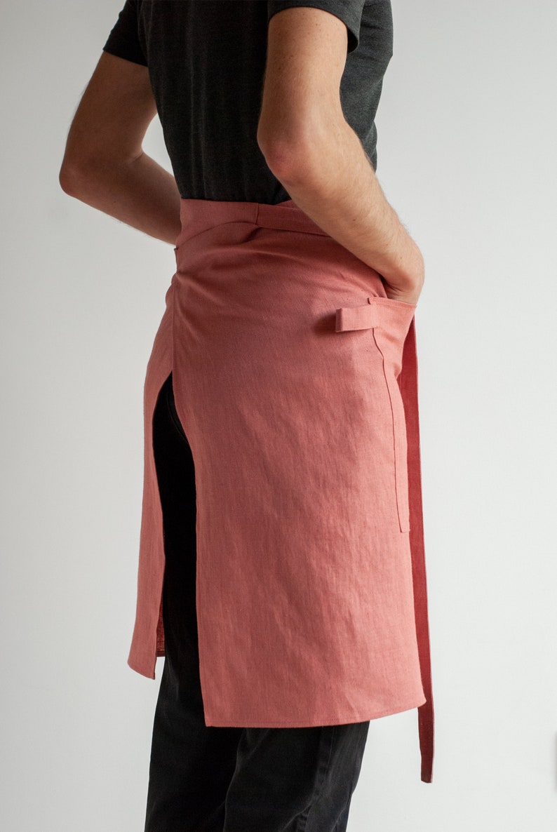 Linen half apron with pockets, Linen waist apron, Linen chef apron, Linen kitchen apron, Short linen apron, Craft apron image 4