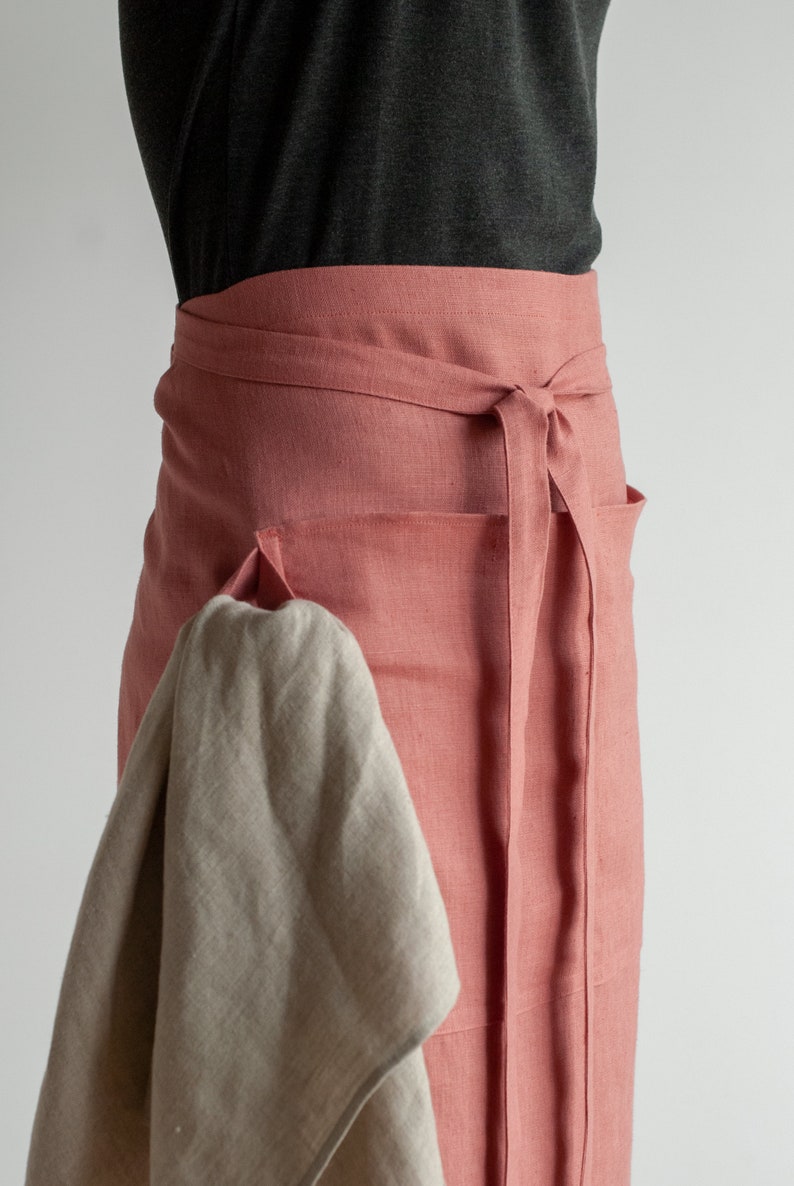 Linen half apron with pockets, Linen waist apron, Linen chef apron, Linen kitchen apron, Short linen apron, Craft apron image 6