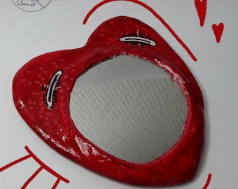 Heart Clay Mirror for Make up, Handmade, Home Decor, Mirror Frame, Cute, Weird, Creepy, Perfect for Valentines