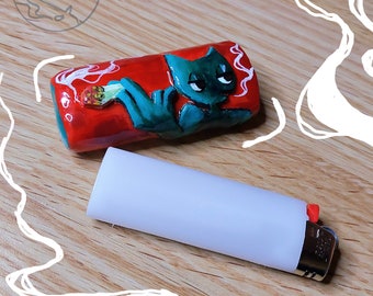 Smoking cat clay lighter case/holder/decor/sleeve for Bic Maxi, Clipper, Handmade, Cute, Funny, Dark, Creepy gift for smokers, 420