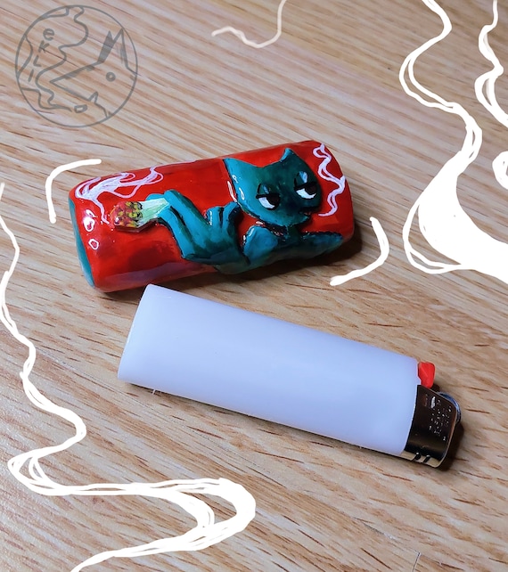 cat cigarette lighter Smoking Cat Clay Lighter Case/holder/decor/sleeve for Bic Maxi, Clipper,  Handmade, Cute, Funny, Dark, Creepy Gift for Smokers, 420