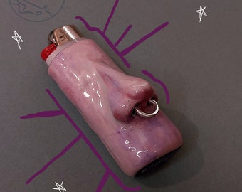 Pierced nose clay lighter case/holder/decor/sleeve for Bic Maxi, Clipper, Handmade, Cute, Funny, Dark, Creepy gift for smokers, 420