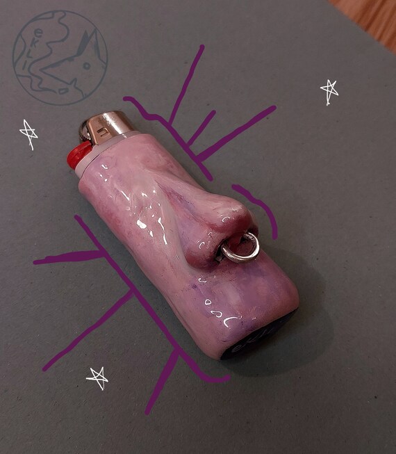 Pierced nose clay lighter case/holder/decor/sleeve for Bic Maxi, Clipper, Handmade, Cute, Funny, Dark, Creepy gift for smokers, 420