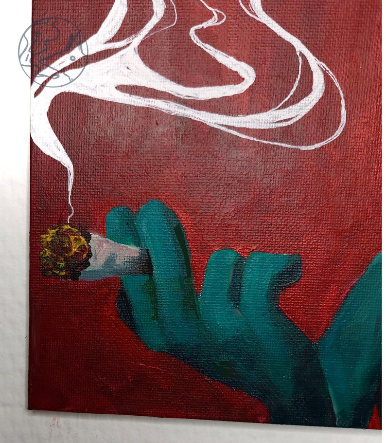 Original Cat Smoking Painting on Canvas Board Acrylic/unique/edgy/funny