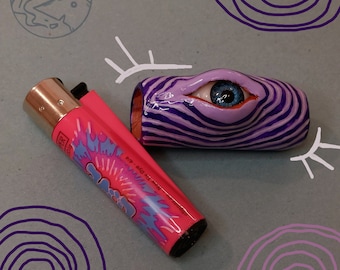 Weird eye clay lighter case/holder/decor/sleeve for Bic Maxi, Clipper, Handmade, Cute, Funny, Dark, Creepy gift for smokers, 420