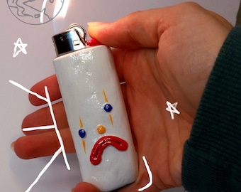 Sad Clown clay lighter case/holder/decor/sleeve for Bic Maxi, Clipper, Handmade, Cute, Funny, Dark, Creepy gift for smokers, 420