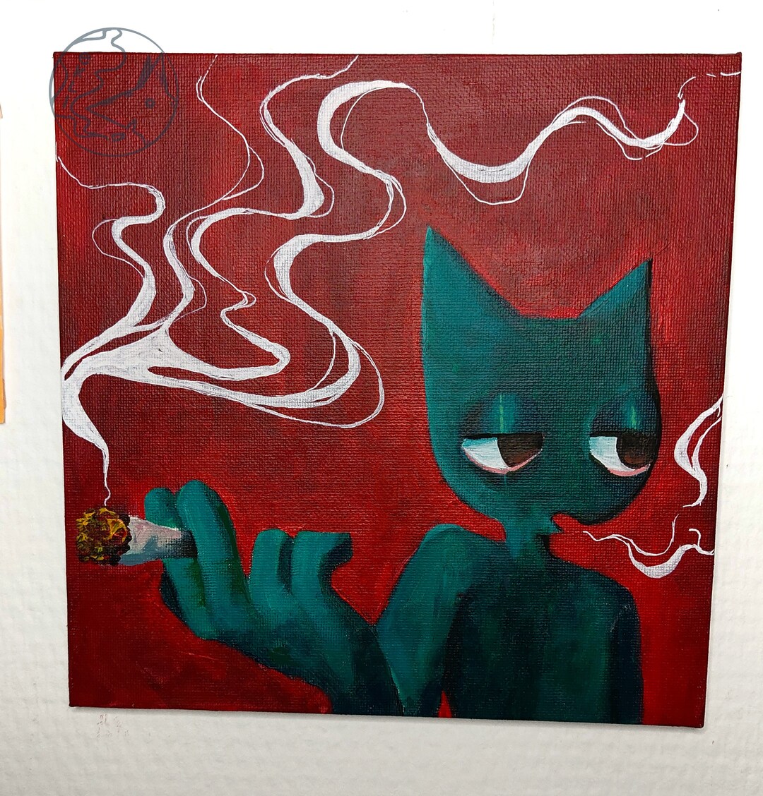 Original Cat Smoking Painting on Canvas Board Acrylic/unique/edgy/funny