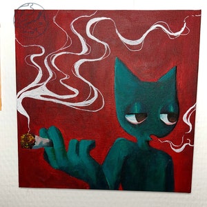 Peinture originale de fumage de chat sur toile acrylique/Unique/Edgy/Drôle/Mignon/Cadeau pour les fumeurs / 420/ Décor de chambre/ Salon