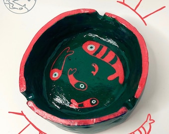 Clay Ashtray / Jewellery Tray With Red Fish / Handmade Home Decor / Gift for Smoker / 420