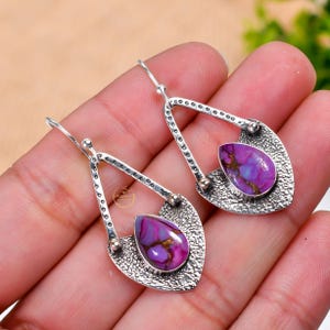 Natural Purple Copper Turquoise Gemstone Earring 925 Sterling Silver Earring Purple Stone Earring Hook Wire Earring Christmas Gift Earring