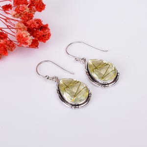 Golden Rutile Quartz Stone 925 Sterling Silver Earring, Handmade Earring, Gemstone Dangling Earring, Anniversary Gift Earring, Gift Jewelry