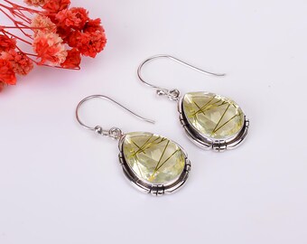 Handmade Golden Rutile Quartz 925 Sterling Silver Pear Earrings