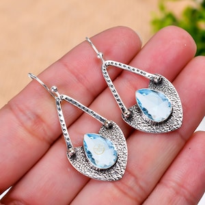 Blue Topaz Cut Gemstone Earrings Blue Stone Earrings 925 Sterling Silver Earrings Dangle Earrings Valentines Day Gift for Women Gift