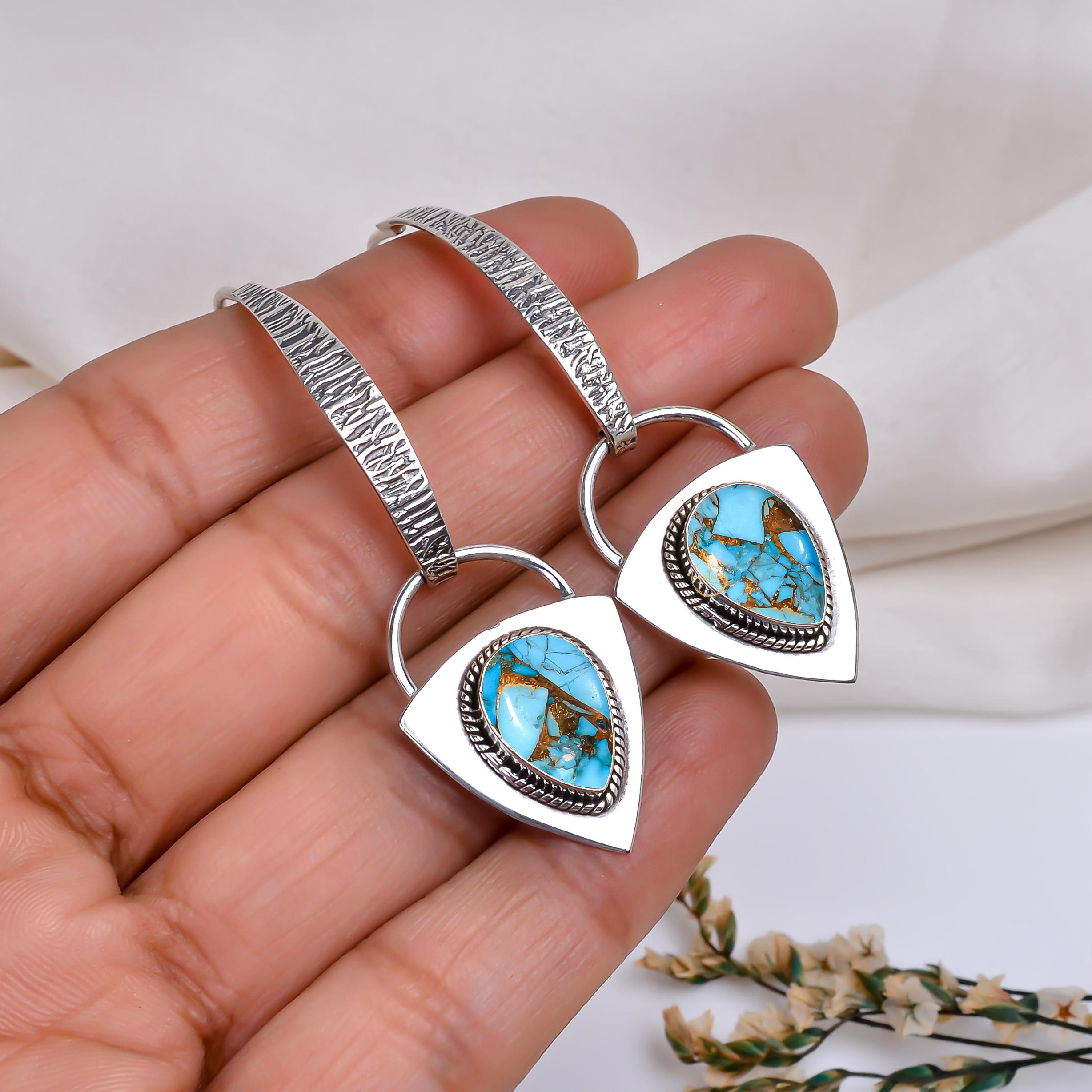 ブルーコッパーターコイズイヤリング：スターリングシルバーのダングル