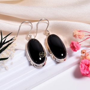 Natural Black Onyx Earring - 925 Sterling Silver Earring - Pear Gemstone Earring - Black Onyx Dangle Drop Earrings - Designer Earring Gift