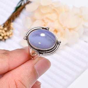 Anel de ágata com renda azul, anel de prata esterlina 925, anel de destaque, joia feita à mão, anel oval com pedra preciosa, anel boho, presente de Natal para ela
