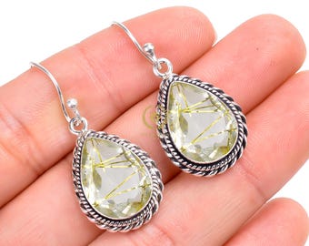 Pear Cut Golden Rutile Quartz Earrings: Boho Sterling Silver Dangle