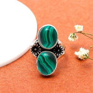 Natural Malachite Stone Solid 925 Sterling Silver Ring, Birthday Gift For Women, Engagement Gift For Friend, Green Stone Ring, Double Stone