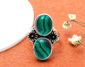 Anello in argento sterling 925 con pietra di malachite naturale - Doppia pietra regolabile