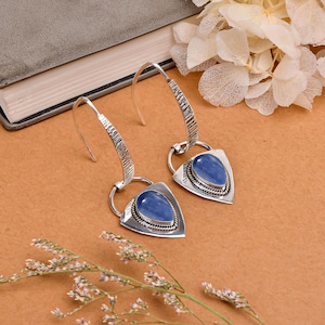 Long 925 sterling silver kyanite dangle earrings, blue gemstone drop earrings, Handmade Earring, Drop Earring, Valentine’s Day Gift Earrings