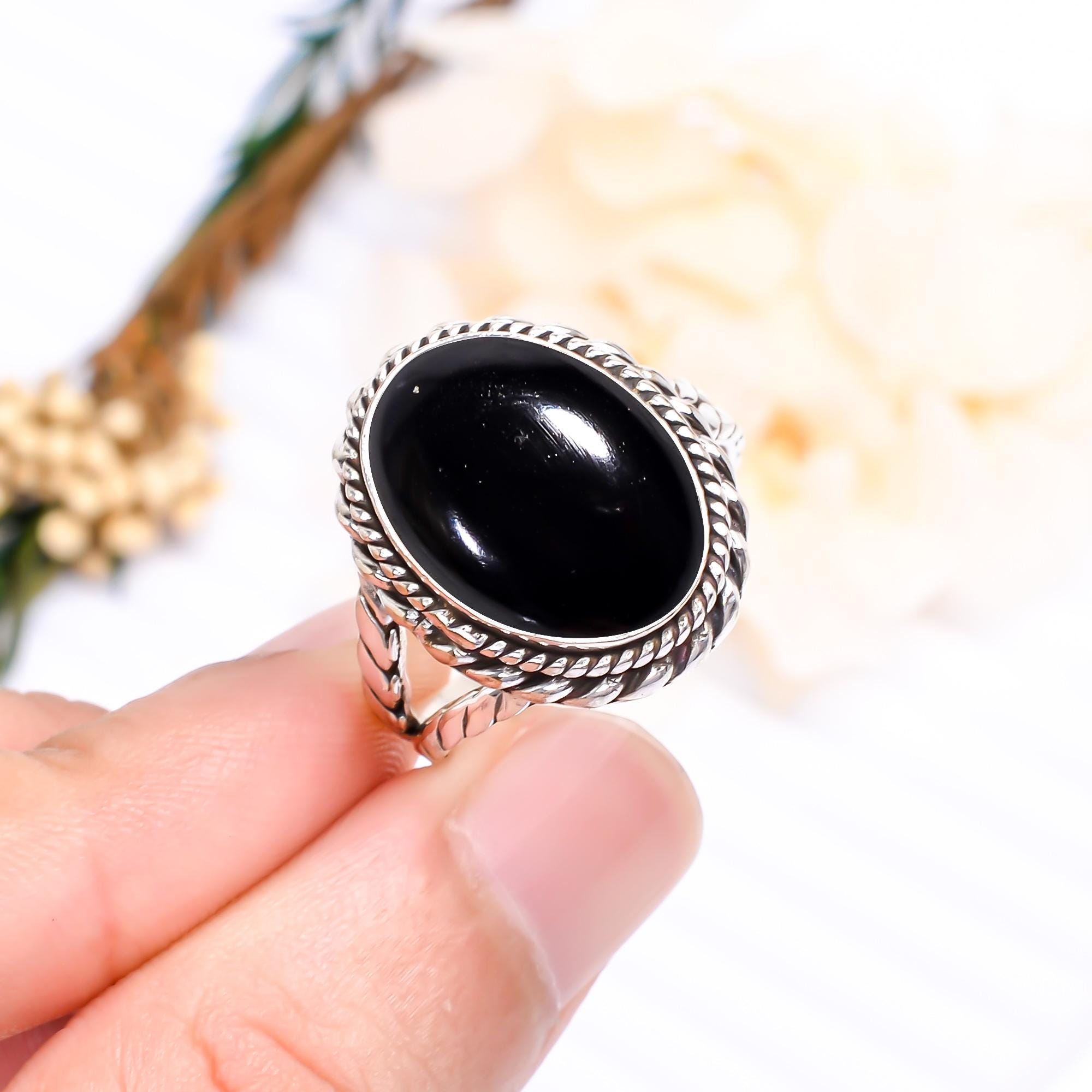 Black Onyx Sterling Silver Ring: Adjustable Boho Wedding Jewelry