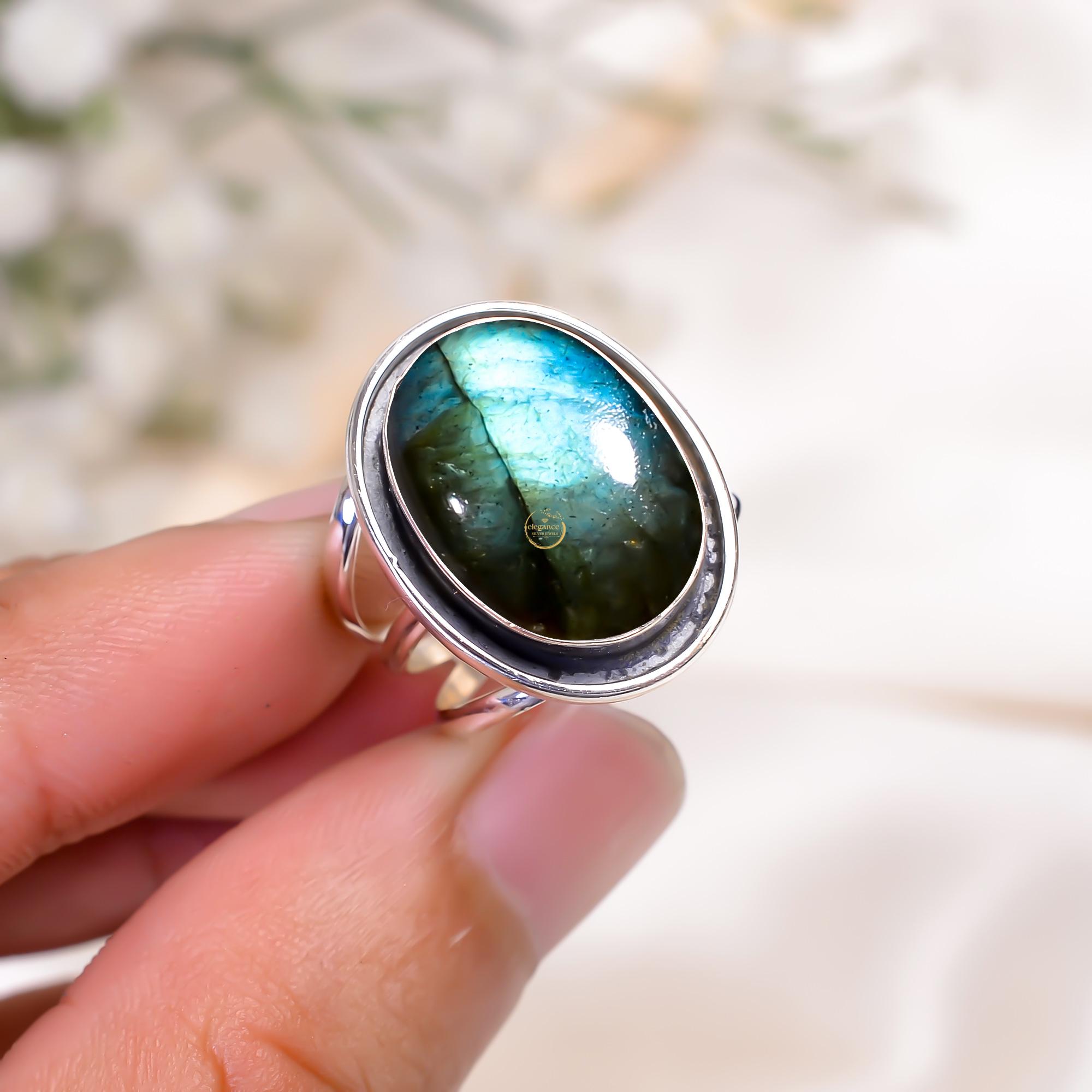Oval Labradorite Ring, 925 Sterling Silver Gemstone Ring Jewelry