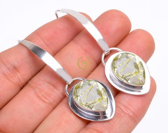 Golden Rutile Quartz Earrings: Pear Gemstone, Sterling Silver Jewelry