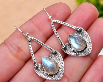 Dainty Labradorite Teardrop Earrings: 925 Sterling Silver, Handmade