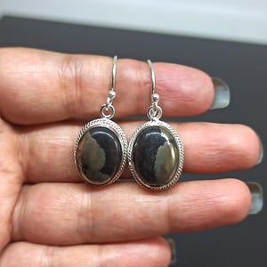 May include: A pair of silver drop earrings. Each earring has an oval, dark grey stone with a metallic sheen, framed by a twisted rope-like border. The earrings hang from a simple hook.
