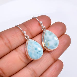 Natural Larimar Gemstone Earring, 925 Sterling Silver Earring, Drop Dangle Earring, Handmade Earring, Birthday Jewelry Gift For All Friends.